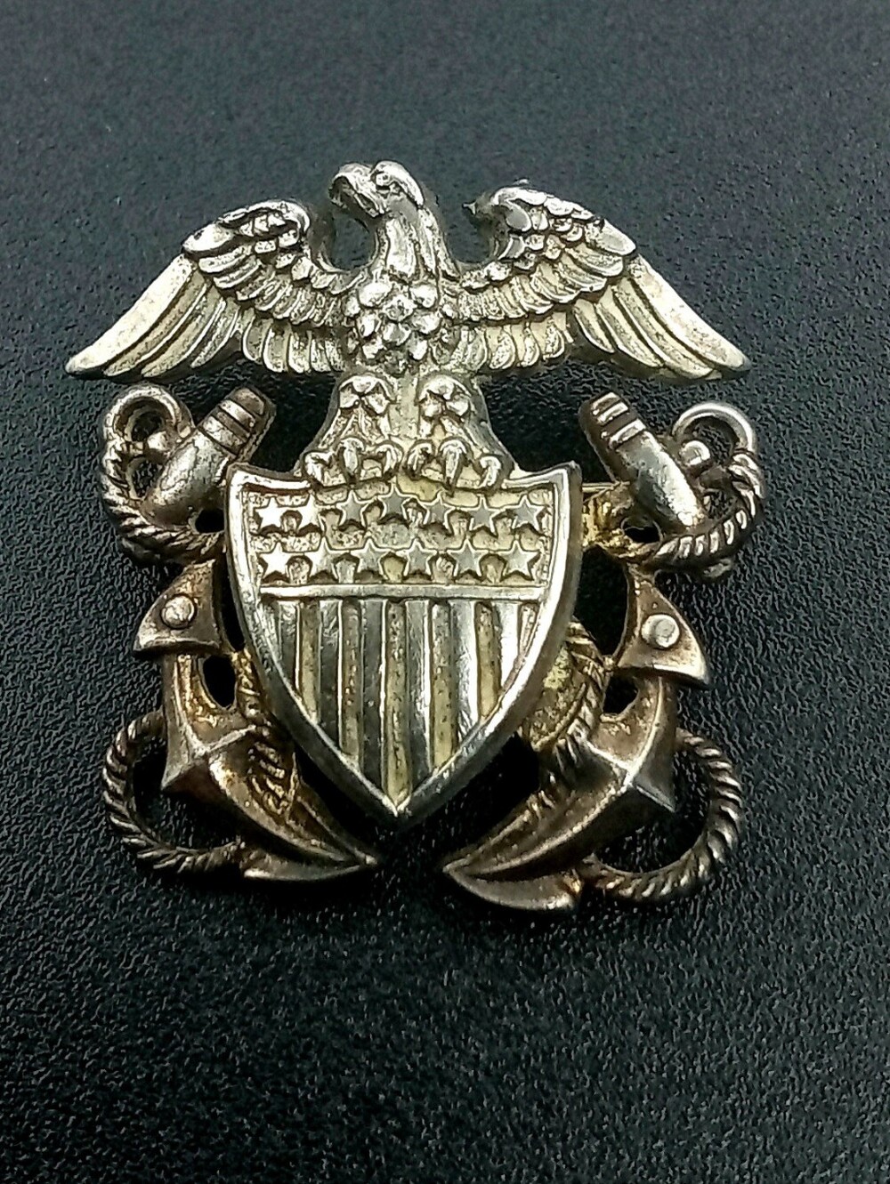 WWII Rare Double Sterling Silver Gemsco U.S. Navy Officers Hat Cap Badge Pin Vtg